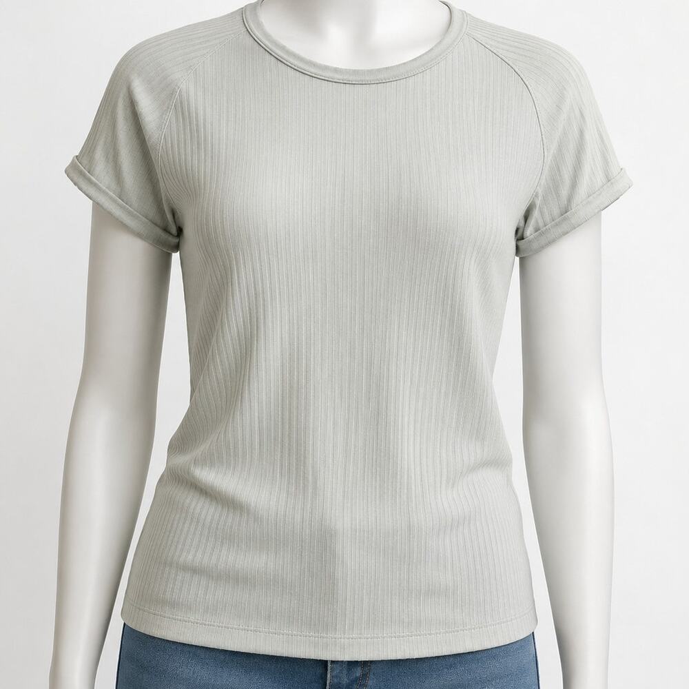 Club Monaco Ribbed T Shirt Women Size L light sage Stretch Cotton Short Sleeve